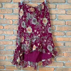 Robbie Bee Petite Floral Ruffle‎ Midi Skirt Burgundy Silk Women's Size 10P VTG